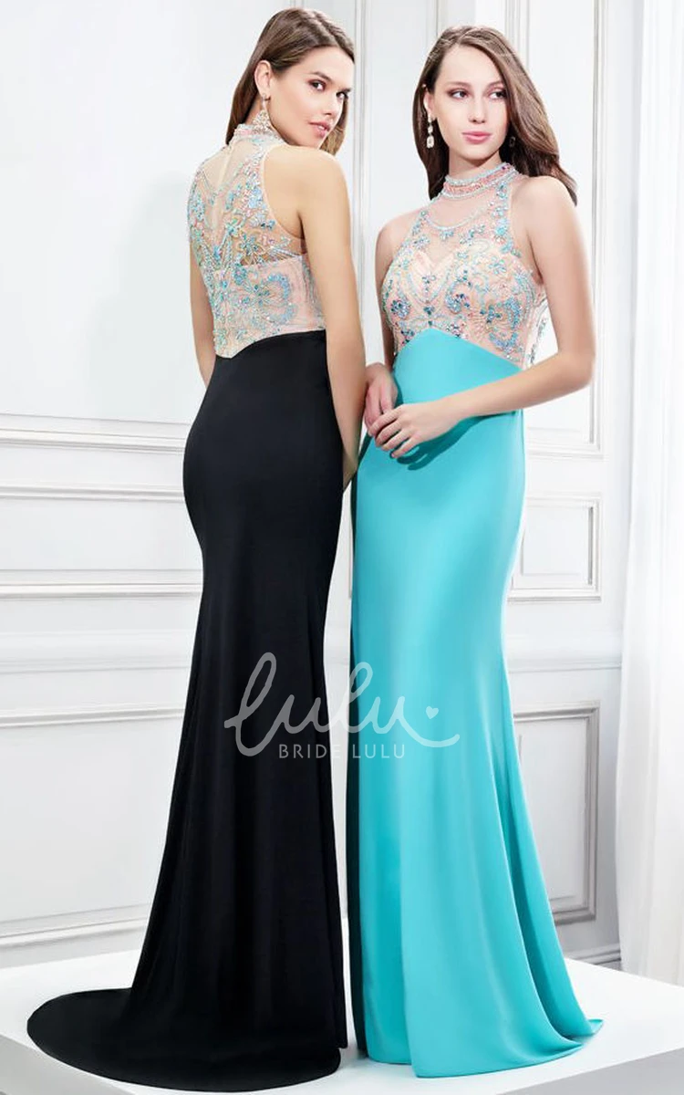 High Neck Jersey Prom Dress with Brush Train and Beaded Embellishments Sleeveless