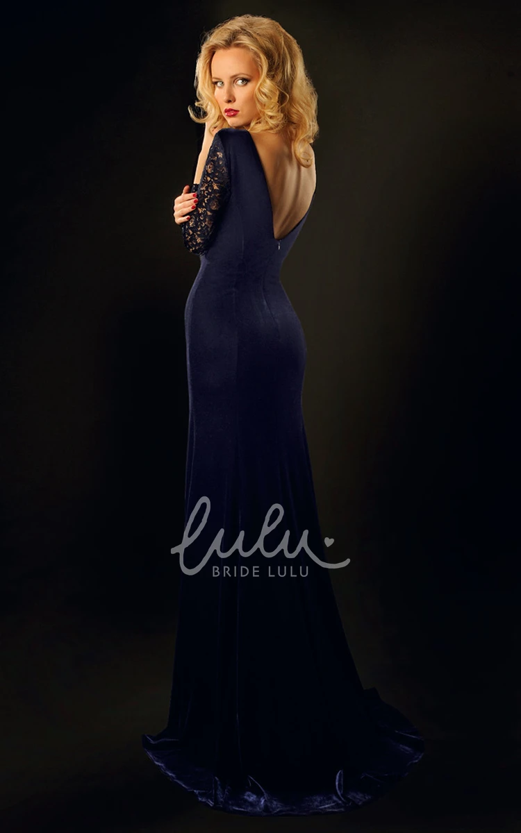 Long Lace Sheath Prom Dress with 3-4 Sleeves and Scoop Neck