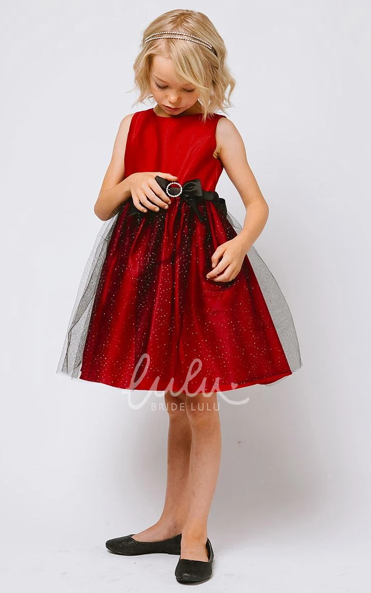 Satin Flower Girl Dress with Brooch and Tiered Bow Detail Knee-Length