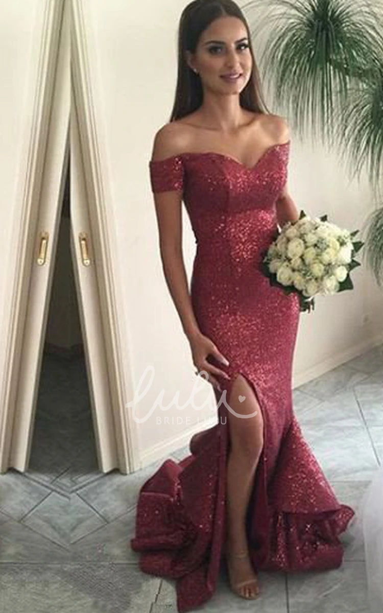 Off-the-shoulder Sequin Mermaid Formal Dress with Cap Sleeves