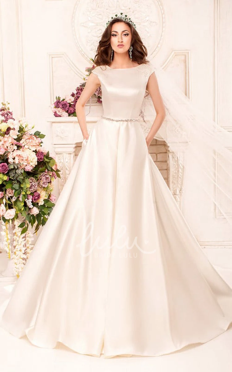 Satin A-Line Wedding Dress with Deep-V-Back Cap-Sleeves and Waist Jewellery