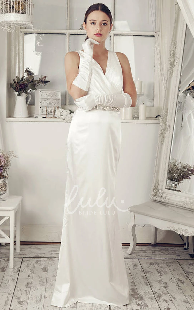 Jeweled Satin V-Neck Wedding Dress with Low-V Back and Bow Sheath Style