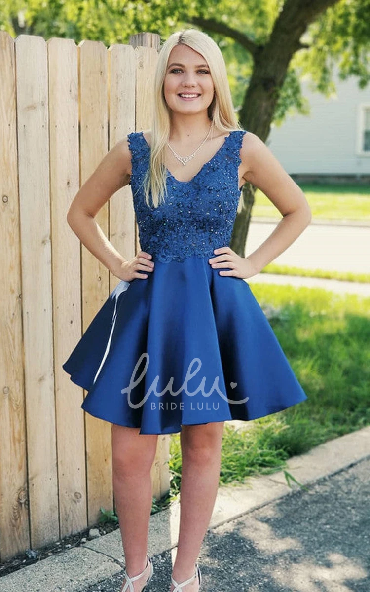 A Line Satin V-neck Homecoming Dress with Appliques and Open Back Satin V-neck Homecoming Dress with Appliques and Open Back in A-line