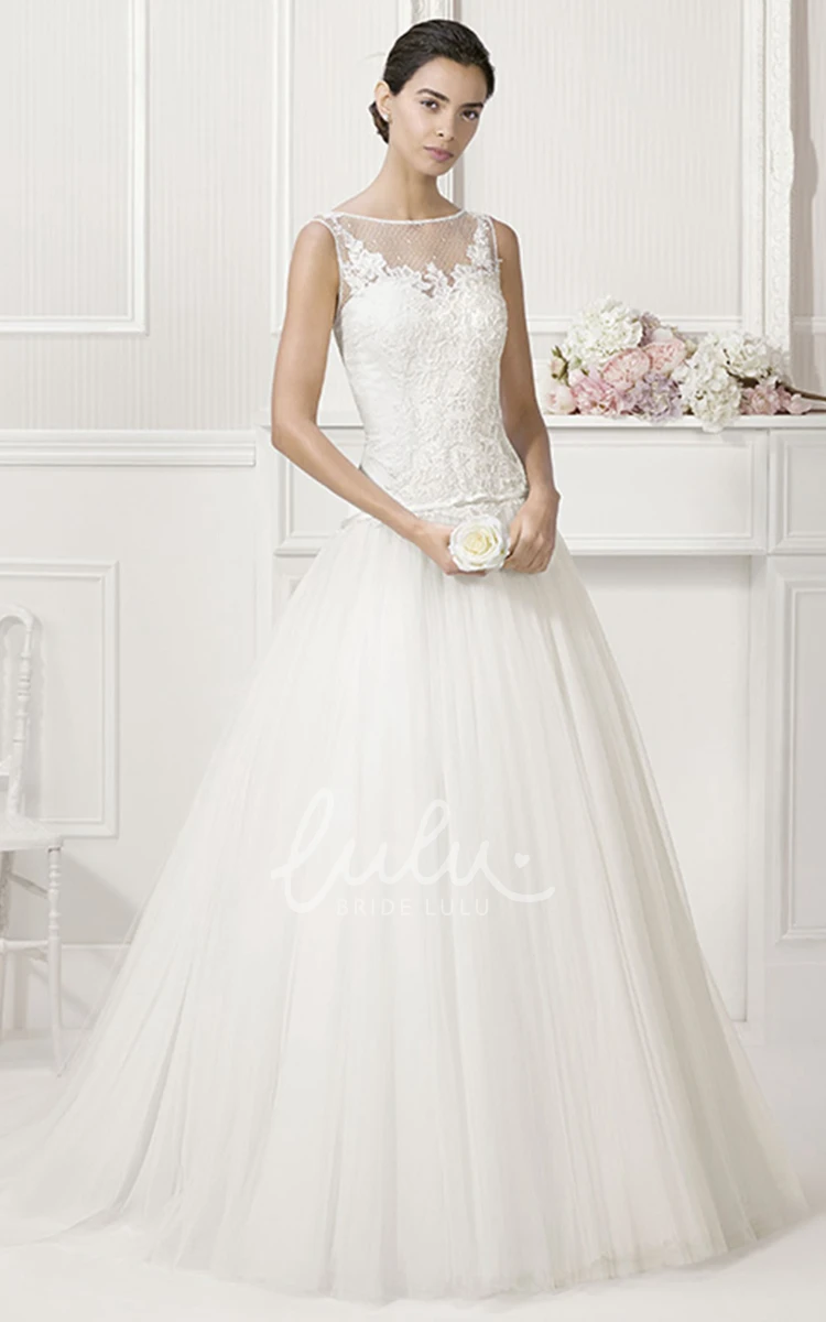 Tulle Drop Waist Bridal Gown with Jewel Neckline and Applique Top