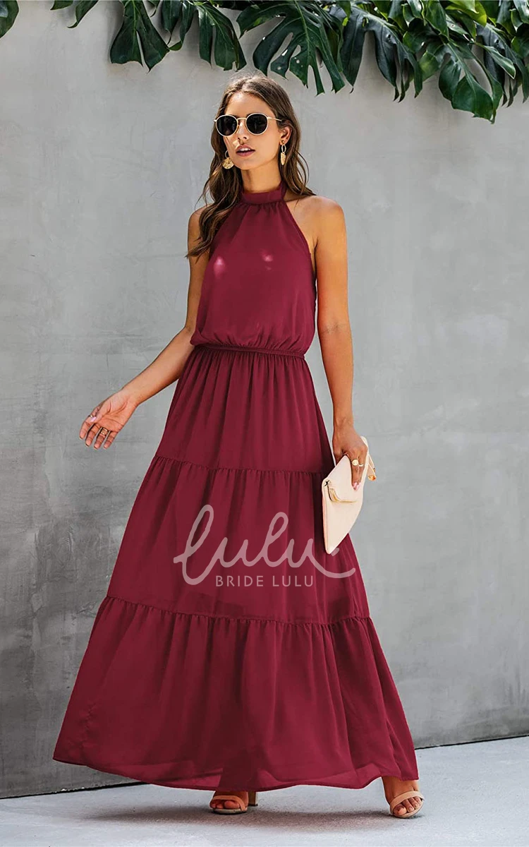 Chiffon A-Line Halter Sleeveless Evening Dress with Ruffles Casual Bridesmaid Dress