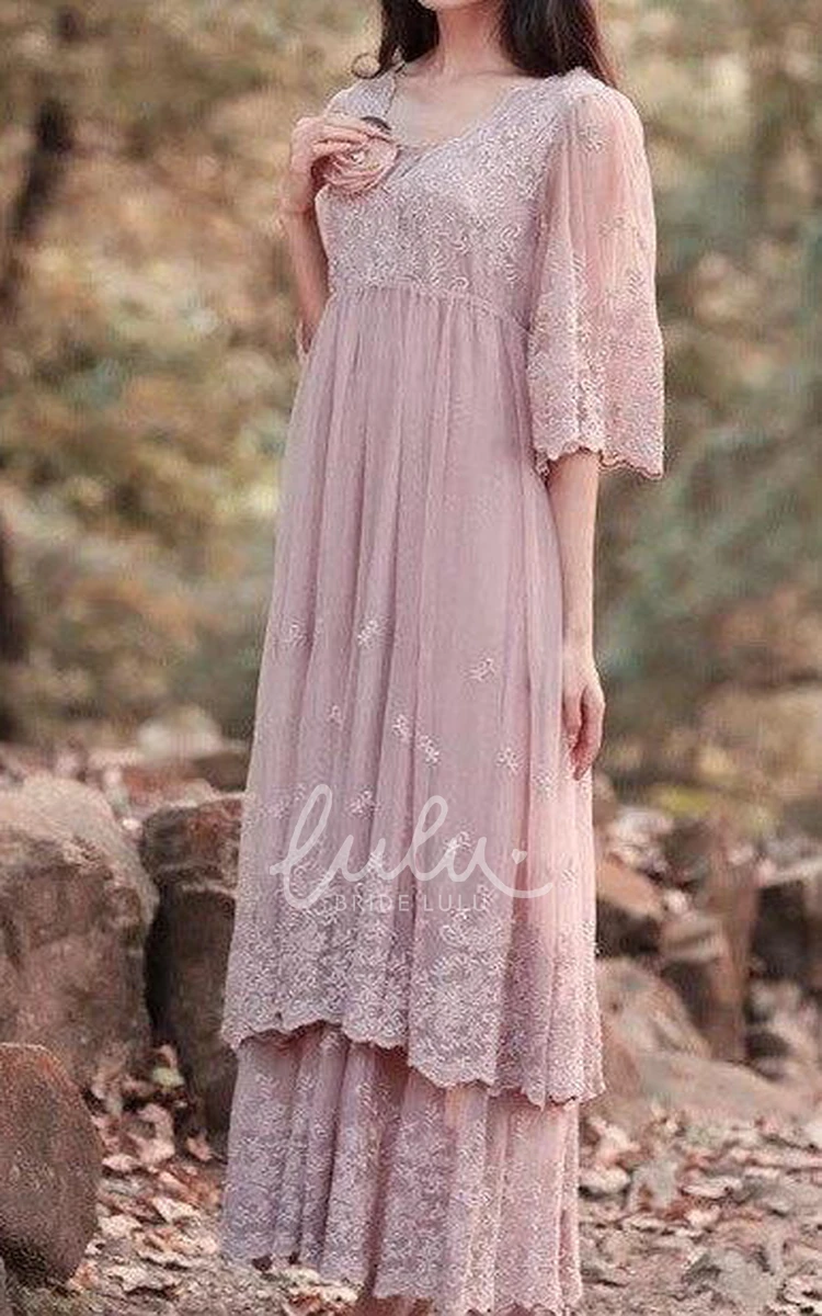 Lace Dress with Tiers Flowers and Embroideries Boho Bridesmaid Dress
