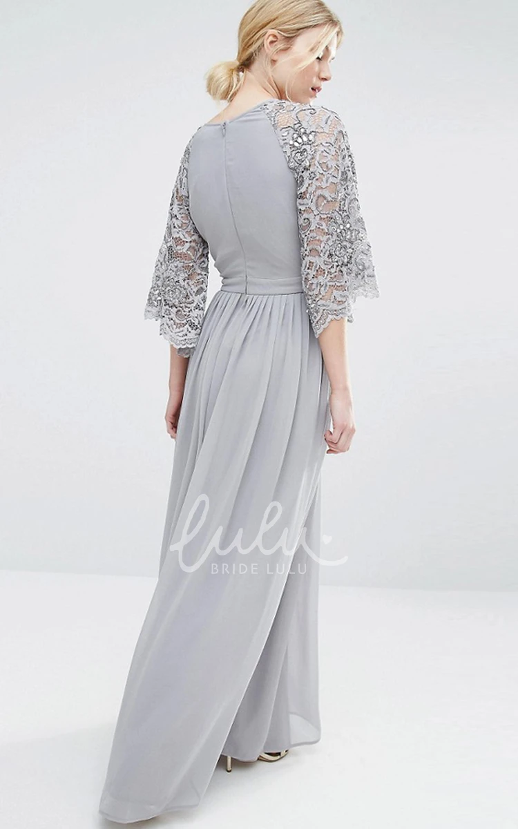 Lace Chiffon Bridesmaid Dress with Pleats V-Neck Bell Sleeve