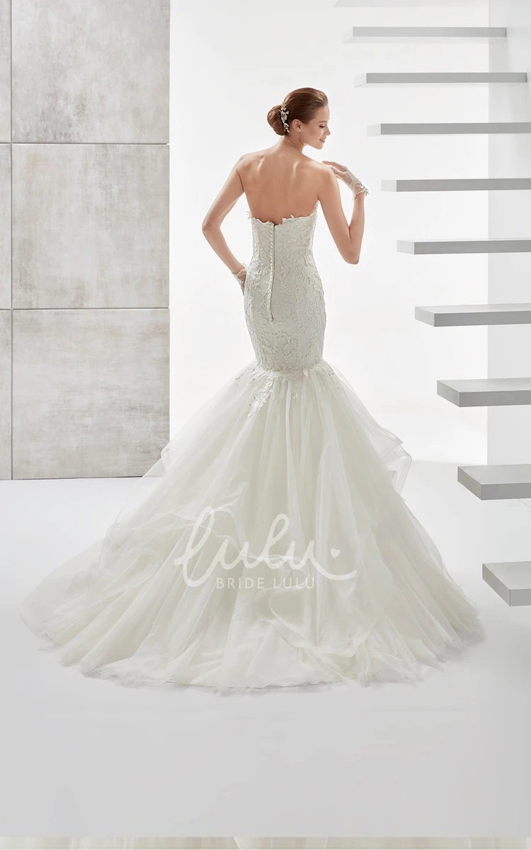 Mermaid Lace Applique Strapless Wedding Dress with Ruffled Train