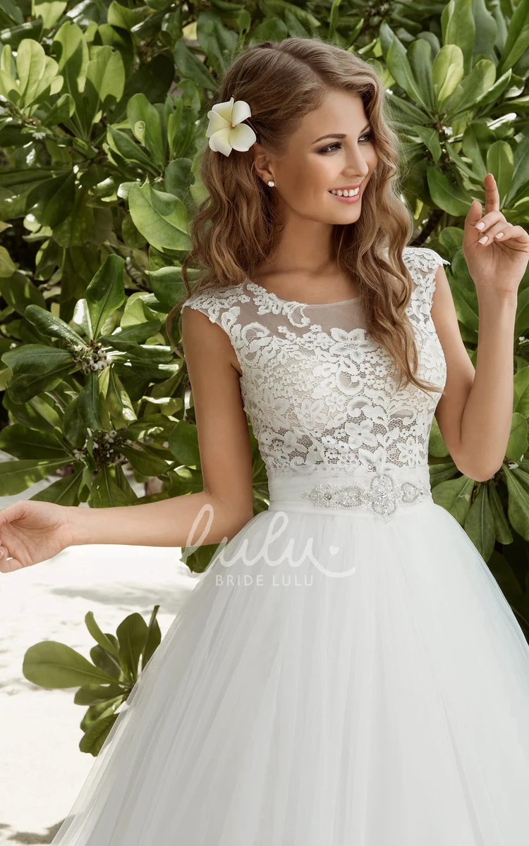 Floor-Length Scoop-Neck A-Line Wedding Dress with Beading and Lace