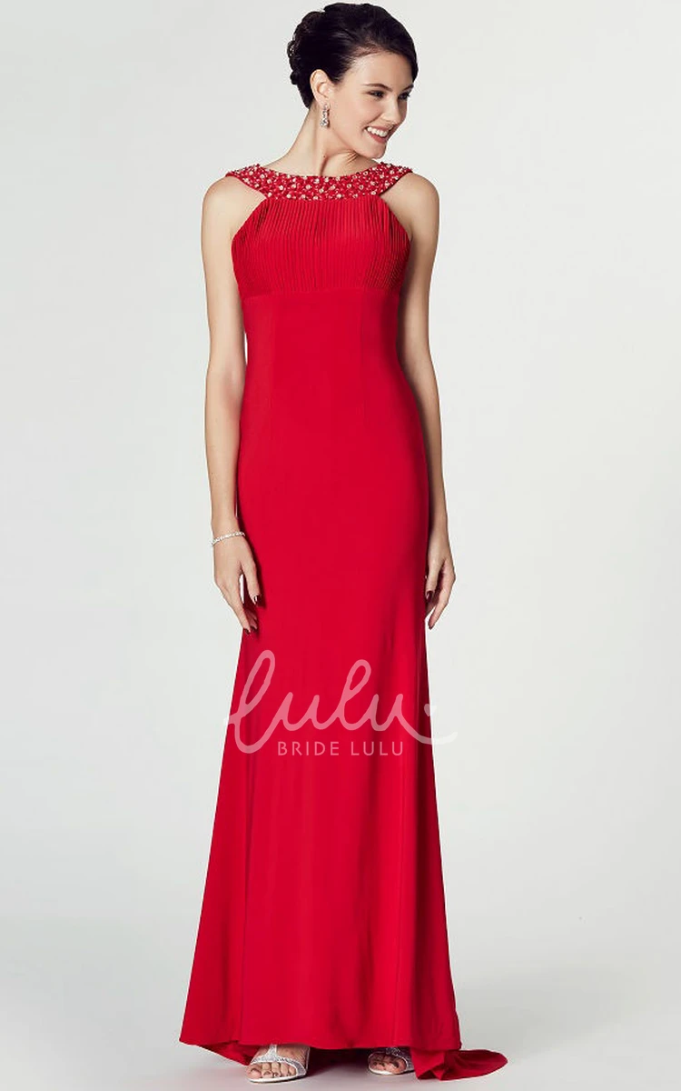 Beaded Sleeveless High-Low Jersey Prom Dress with Scoop Neck and Brush Train