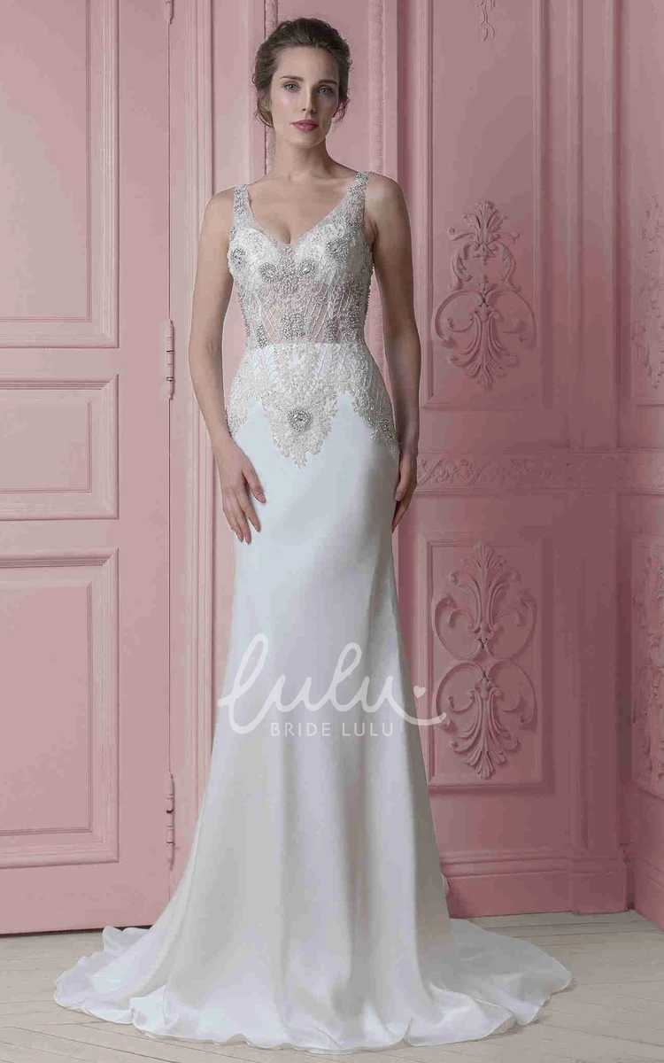 Beaded Sheath V-Neck Wedding Dress Maxi Bridal Gown