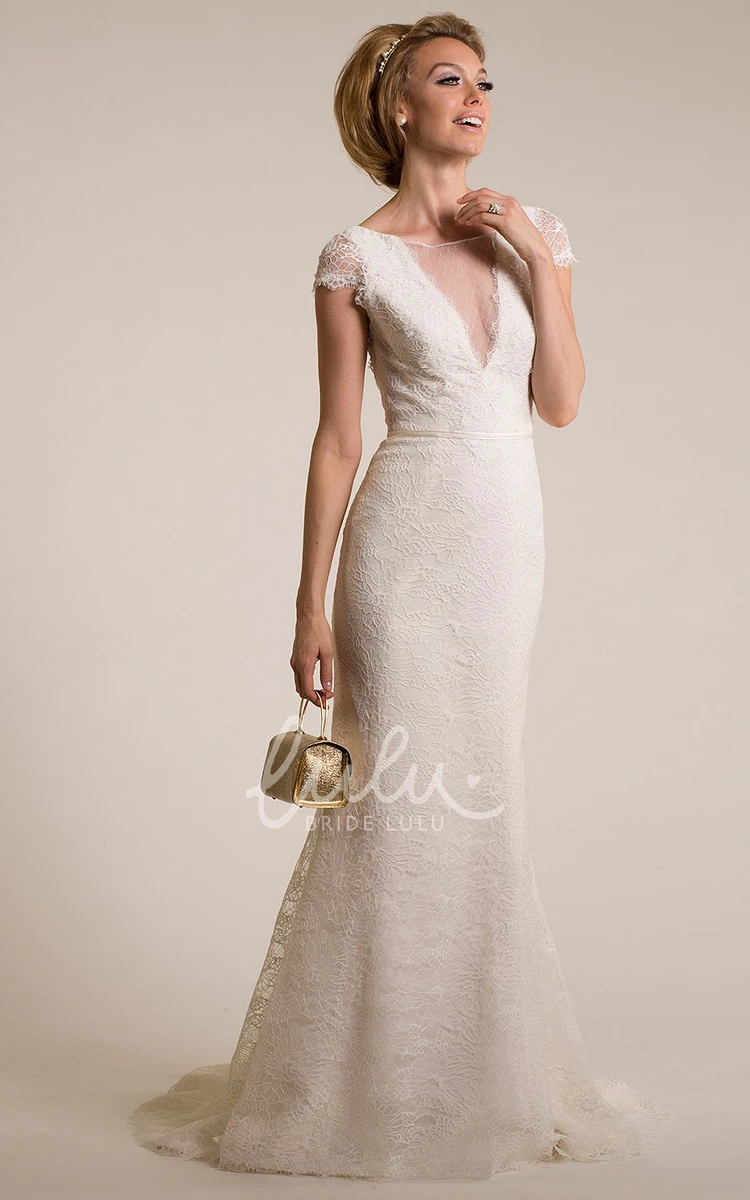Cap-Sleeve Lace Wedding Dress with Illusion Classy Sheath Bridal Gown