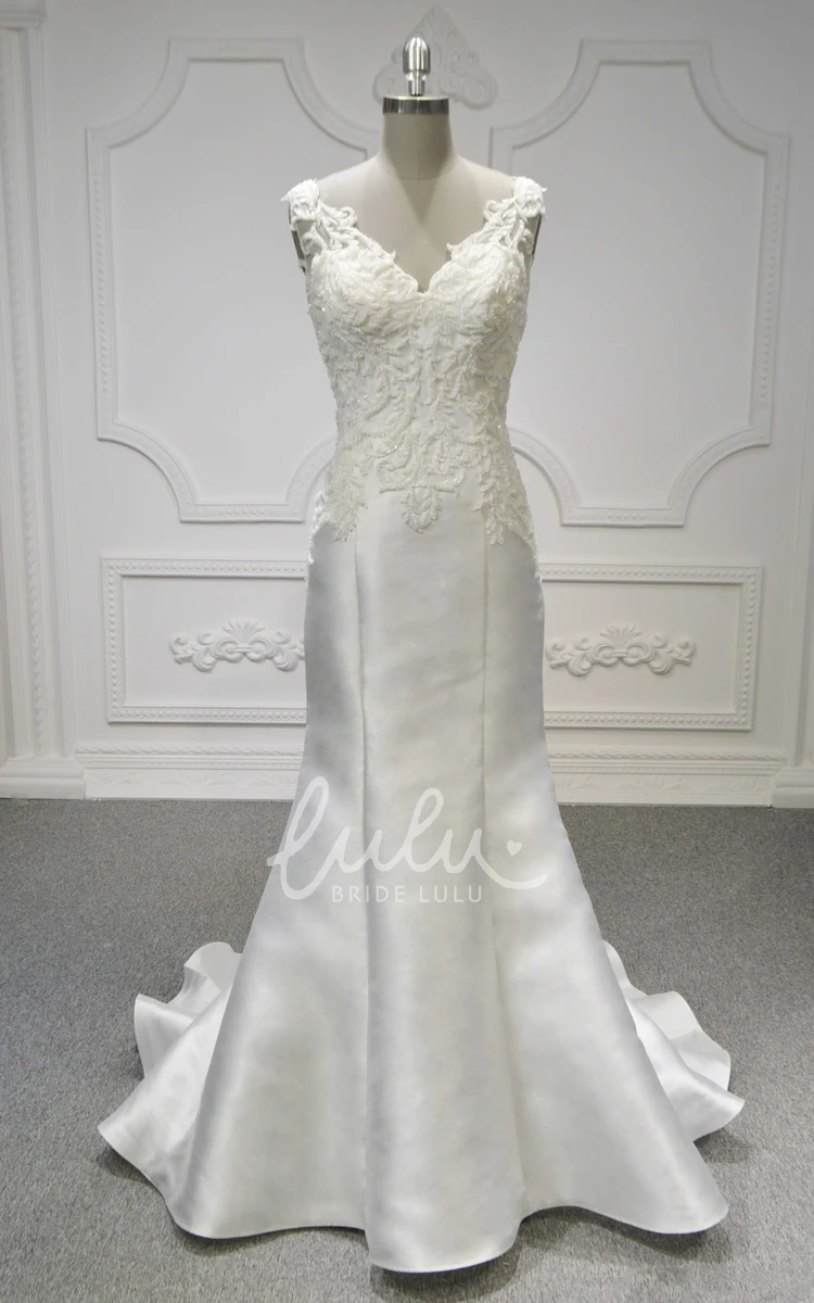 Lace Illusion Back Mermaid Wedding Dress with V-neck and Ruching