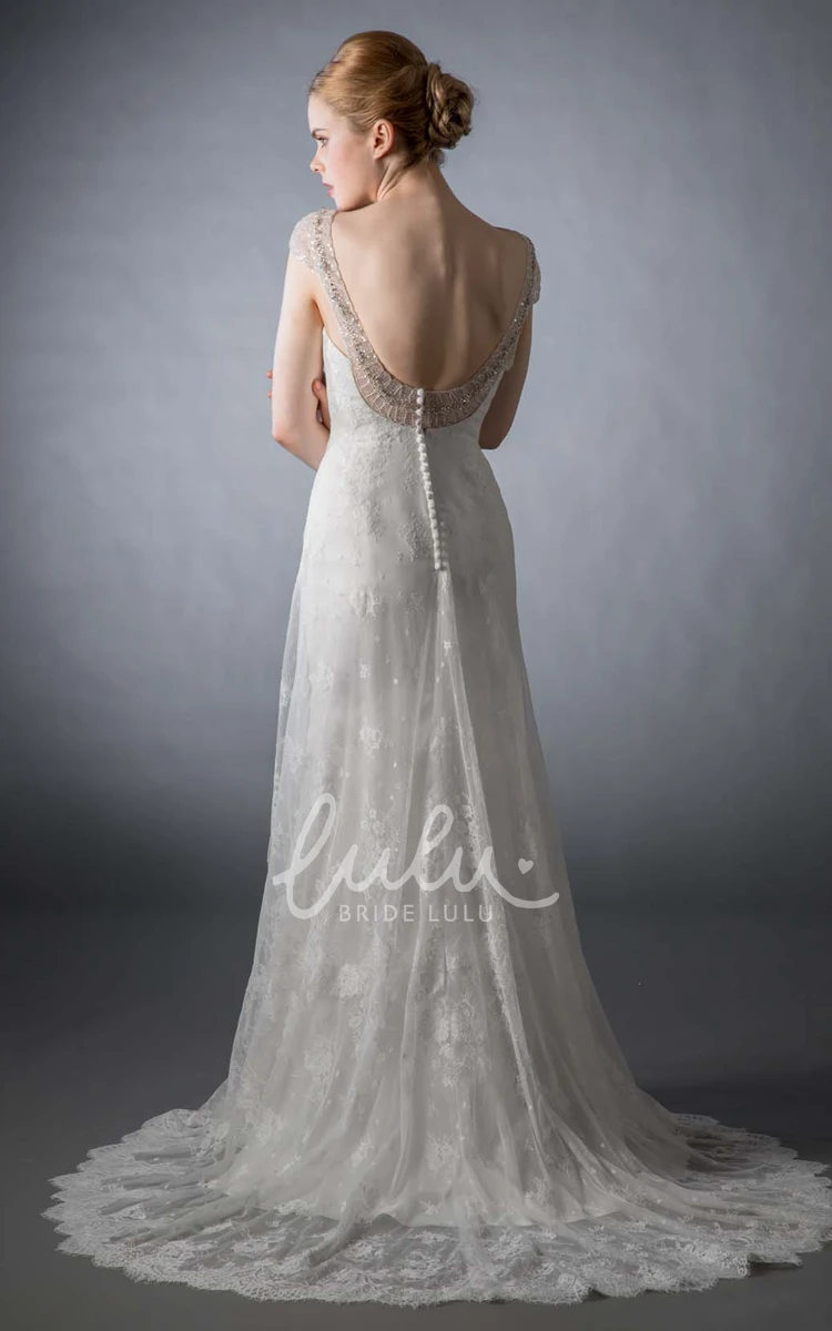 Lace Appliqued A-Line Wedding Dress with Cap-Sleeves and Deep-V Back