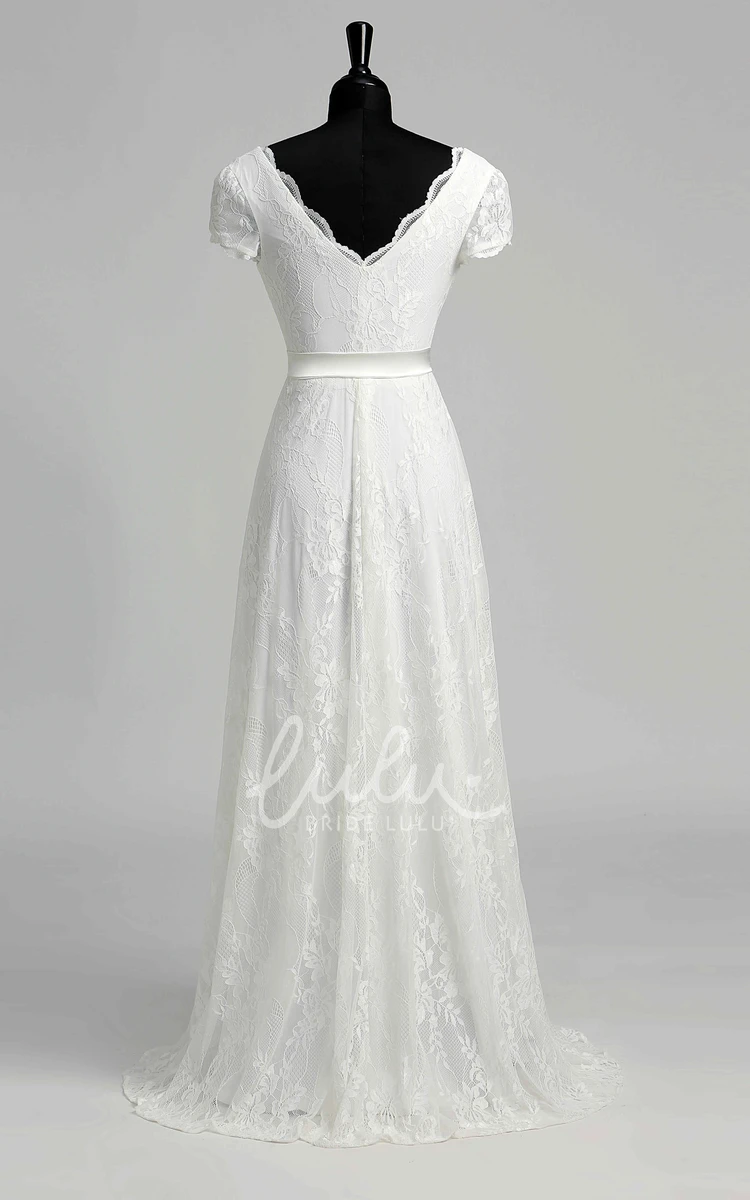 Lace A-Line Garden Wedding Dress with Floor-Length Bow and Sash Ribbon