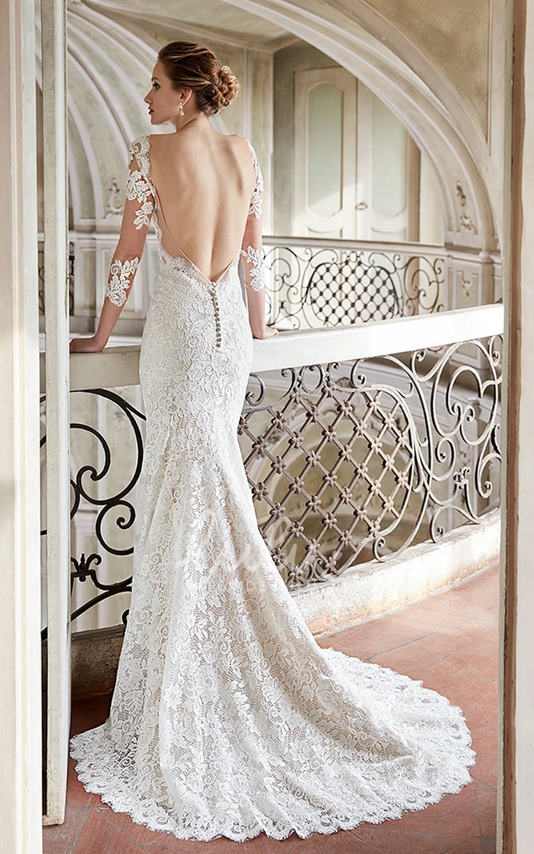 Sheath Lace Wedding Dress with V-Neck 3/4 Sleeves and Backless Design Unique Bridal Gown