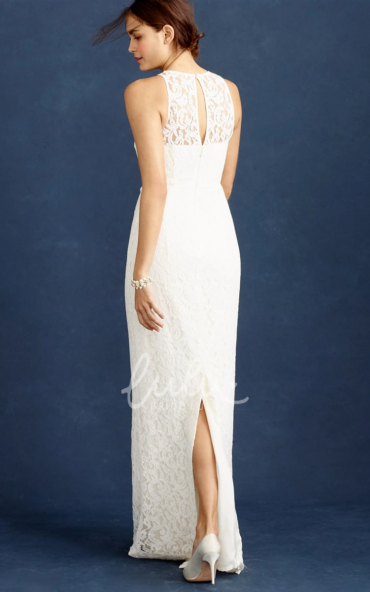 Lace Pencil Wedding Dress with Scoop Neck Sleeveless Design and Split-Back Floor-Length