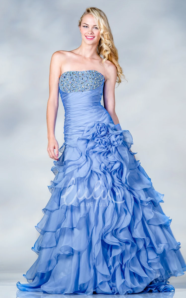 Strapless Organza Ball Gown Dress with Beading and Flower Sleeveless Formal Dress