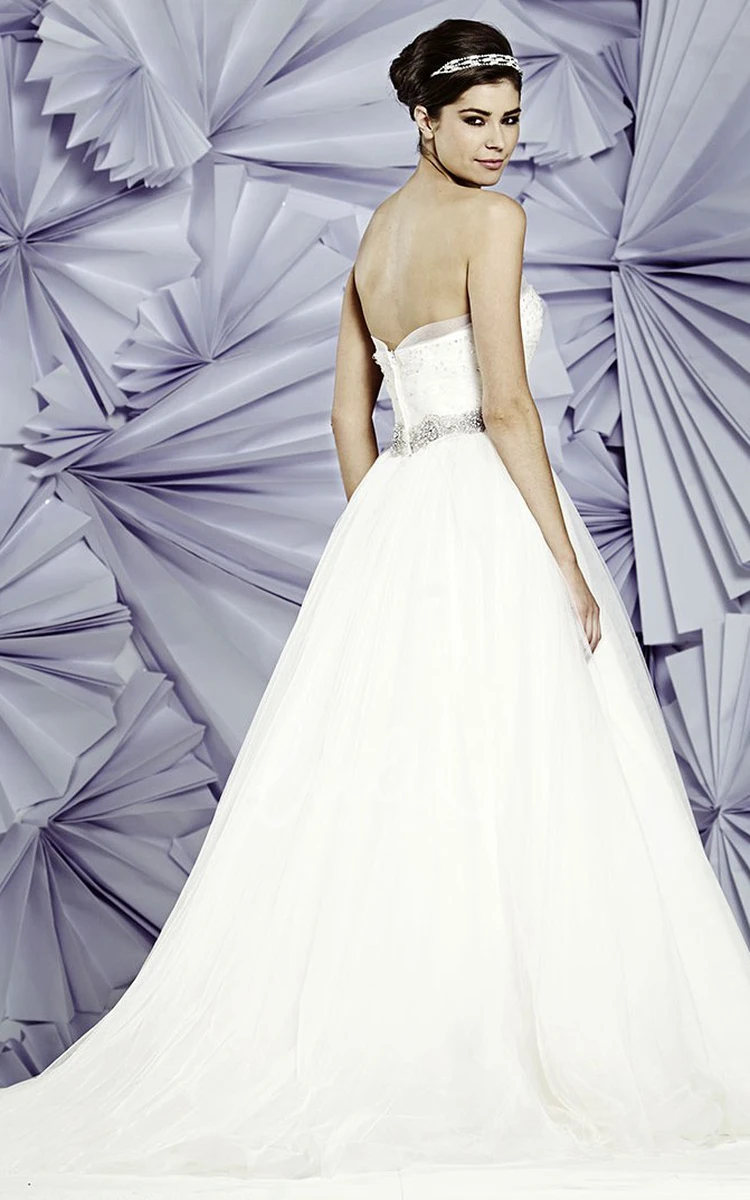 A-Line Strapless Ruched Tulle Wedding Dress With Beading Glamorous Wedding Dress
