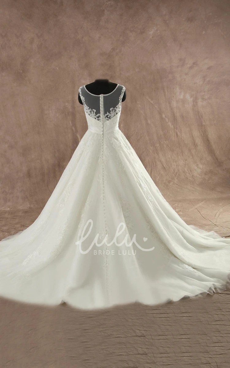 Jewel Sleeveless Button Back Lace Wedding Dress With Sash And Appliques