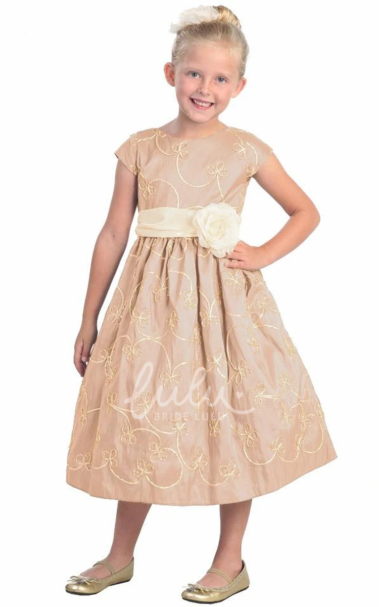 Cap-Sleeve Floral Taffeta Flower Girl Dress with Embroidery Tea-Length