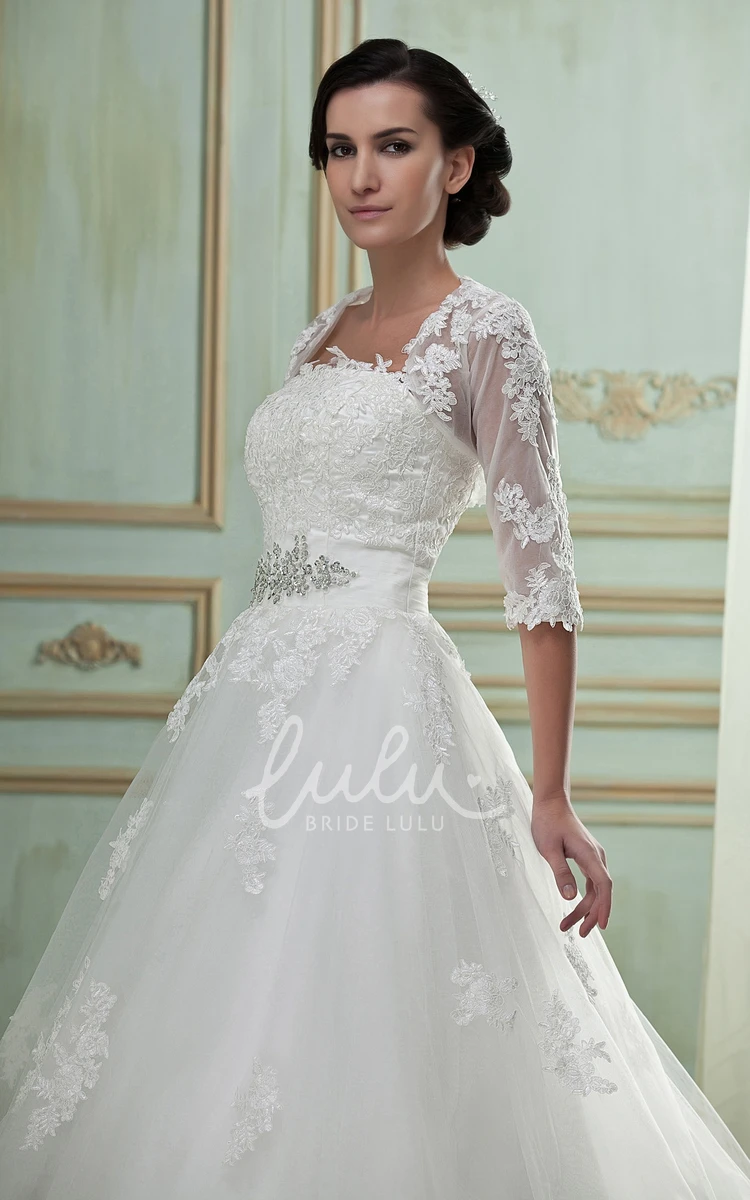 A-Line Lace Wedding Gown with Bolero and Tulle Overlay Strapless Bridal Dress