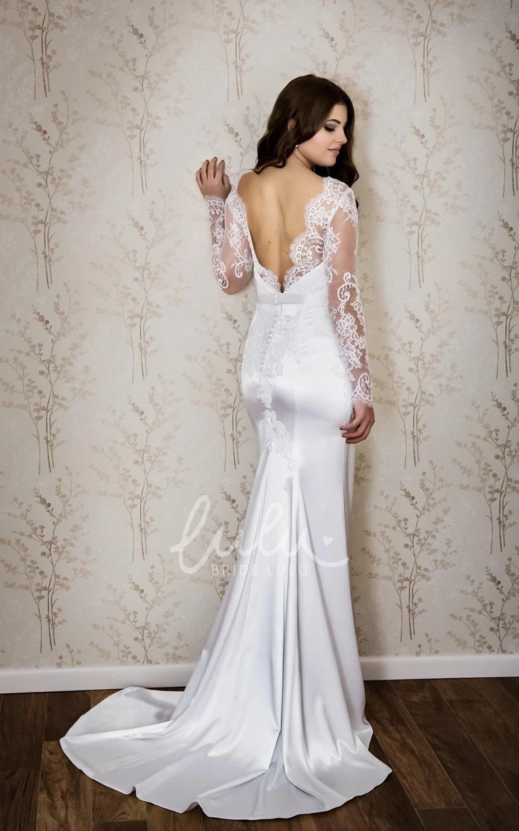 Mermaid Satin Wedding Dress with Long Sleeves and Lace Detail