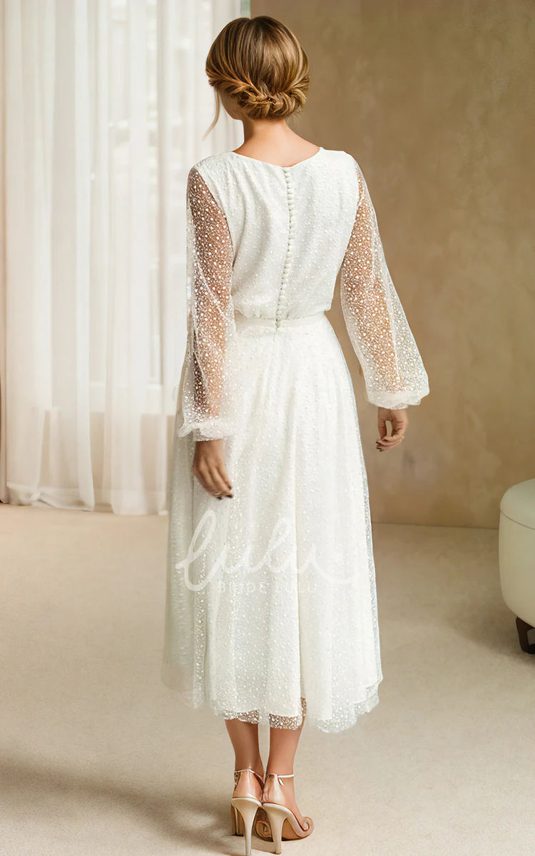 Vintage A-Line V-neck Tea-length Simple Adorable Long Sleeve Petite Wedding Dress with Button Back Sash