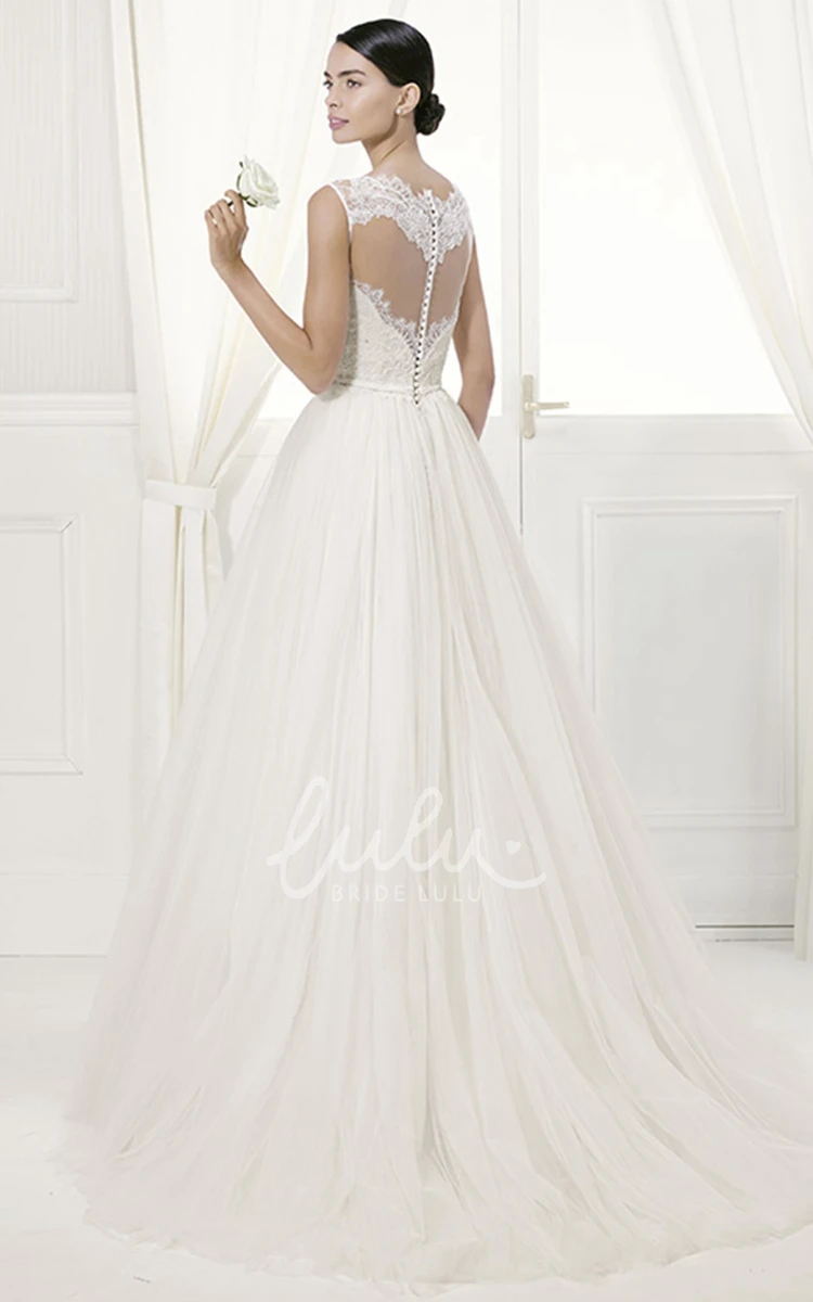 Sleeveless Tulle Ball Gown with Lace High Neck and Belt