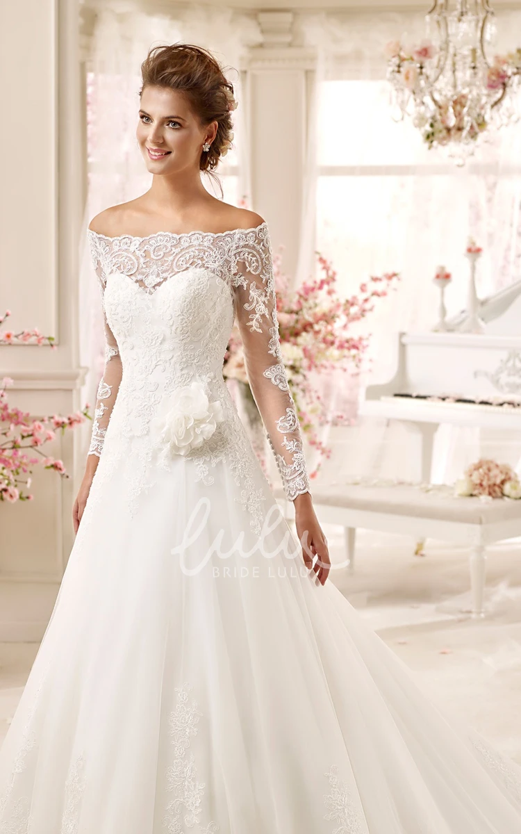 A-line Dress with Off-shoulder and Long Sleeves Adorned with Flowers Classy and Romantic