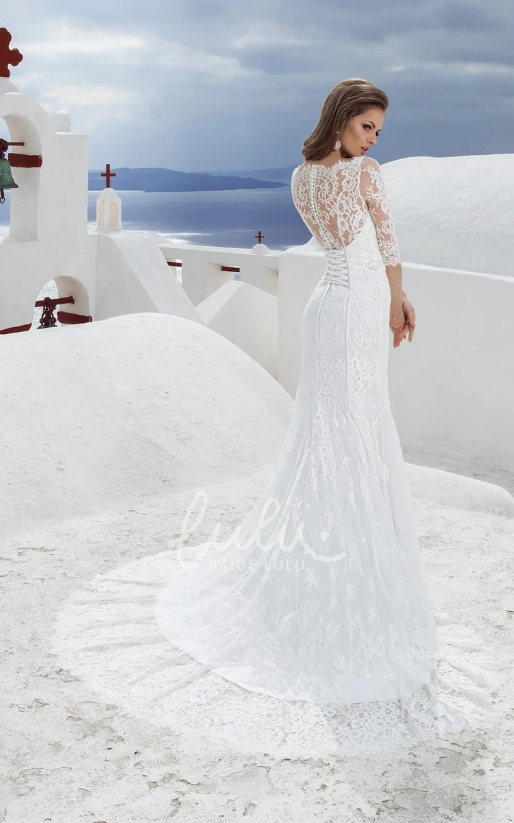 Lace Beaded Sheath Wedding Dress with 3/4 Sleeves and Bateau Neckline