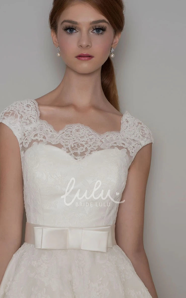 A-Line Lace Wedding Dress Tea-Length Cap Sleeve Square Neck Ribboned