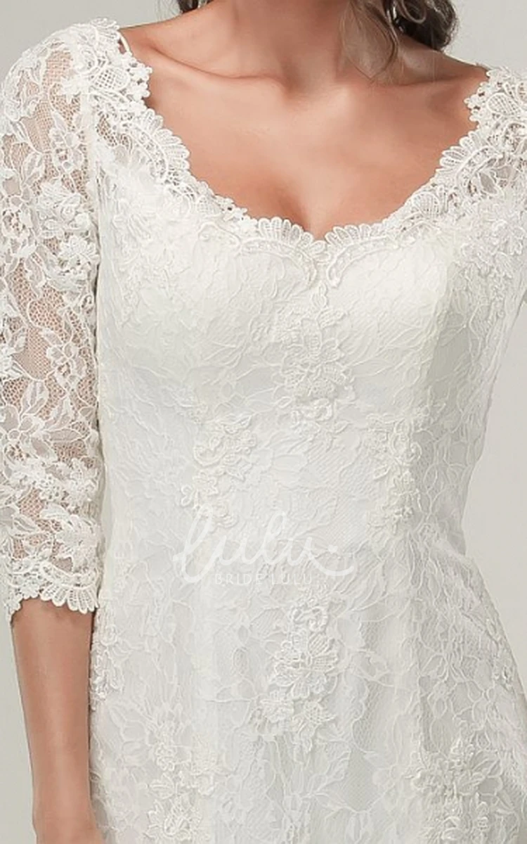 Half Sleeve Lace Wedding Dress with V-Neck and Brush Train Flowy Bridal Gown