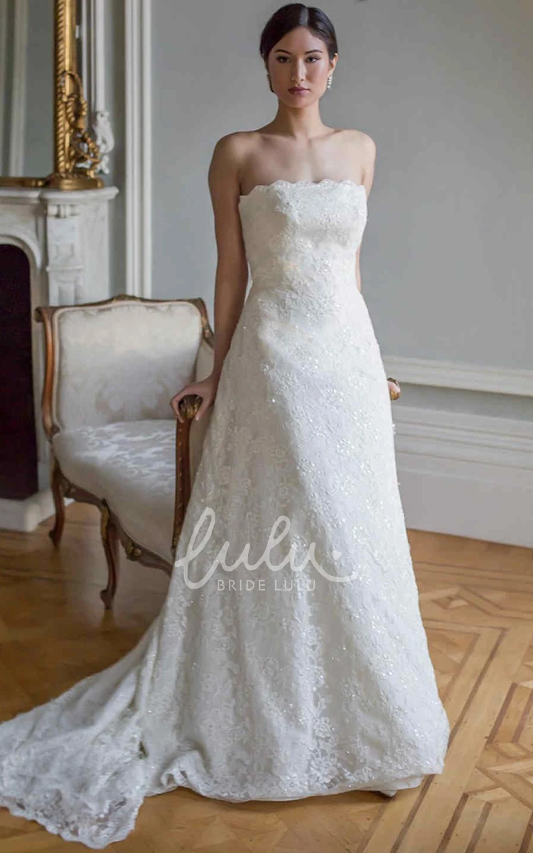 Strapless Sequined Lace Wedding Dress with Appliques and Court Train in A-Line Style