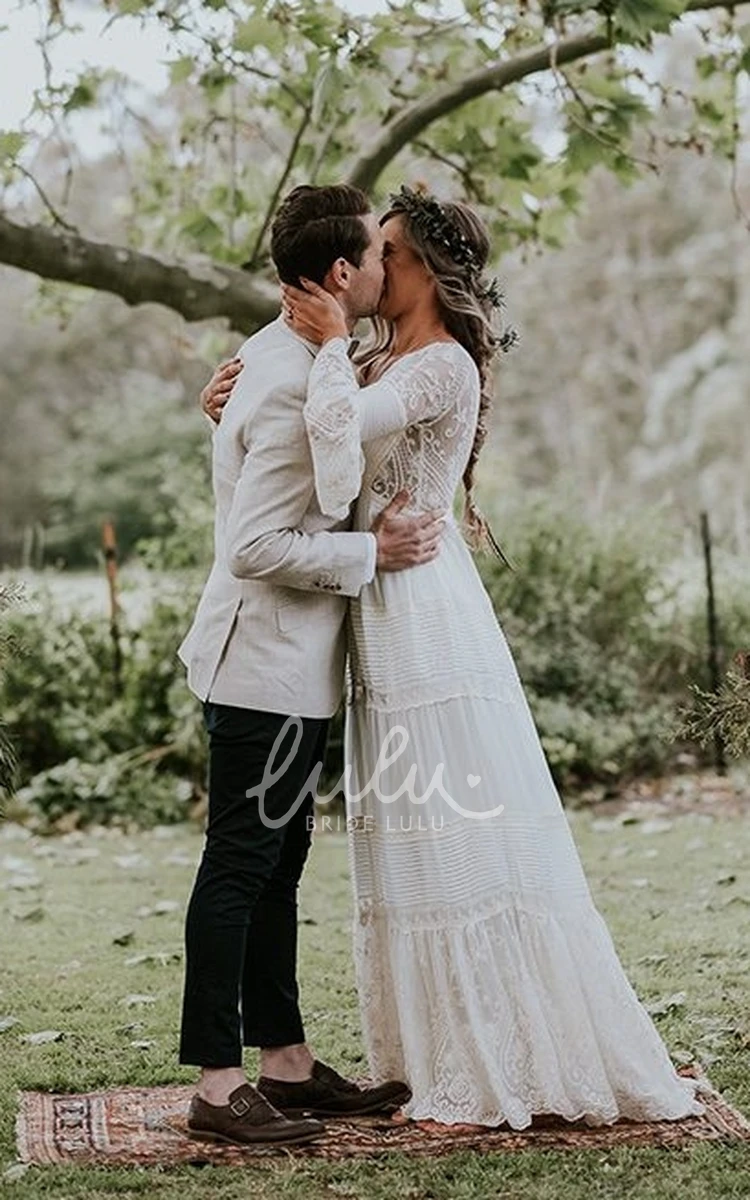 Bohemian Lace Illusion Sleeve Wedding Dress Beach/Country Sexy & Casual V-neck