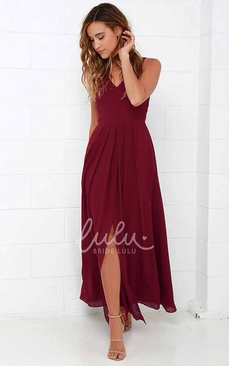 Front Split Chiffon A-line Prom Dress with V-neck