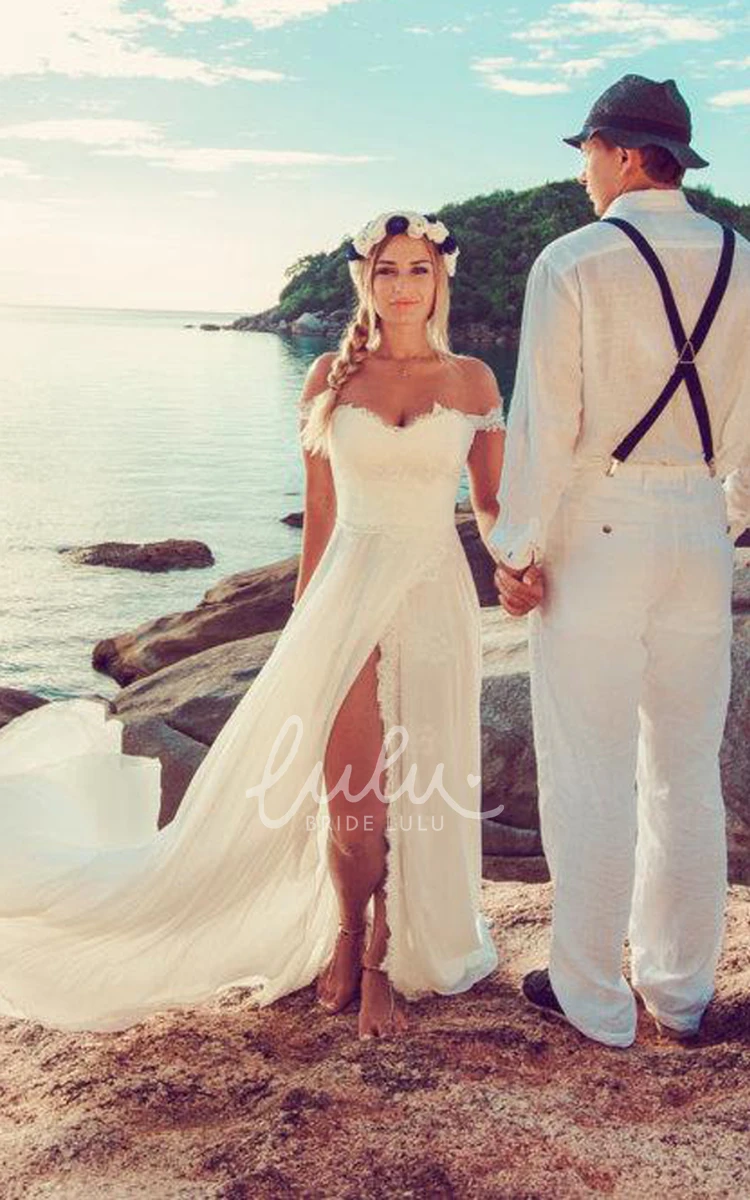 Lace Beach Wedding Dress with Off-Shoulder & Split Front