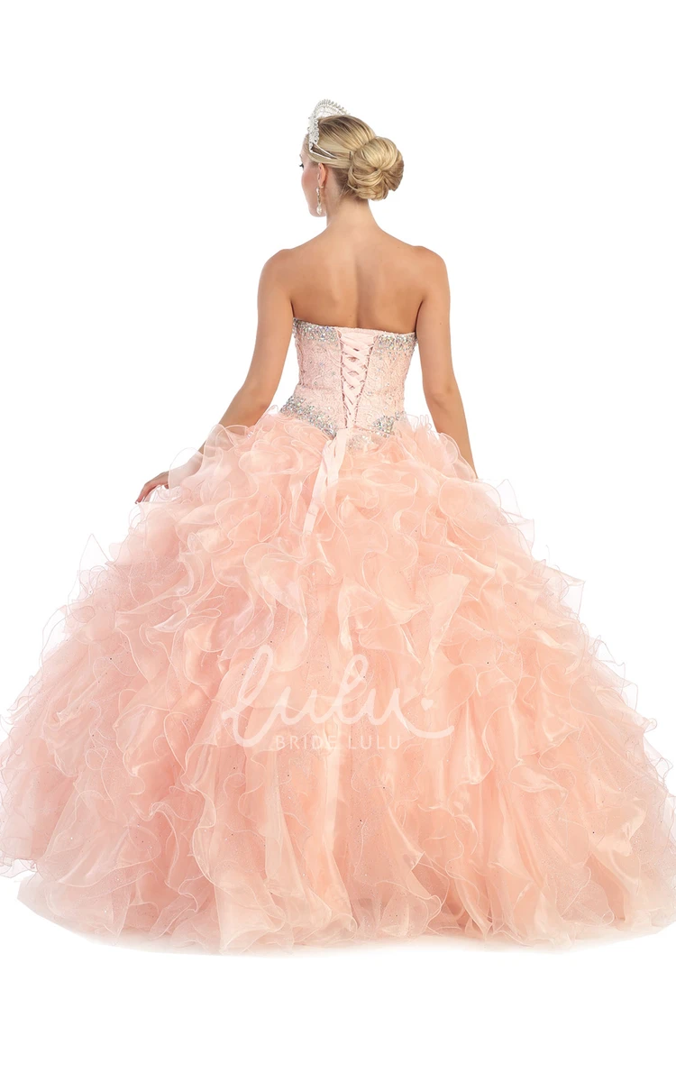 Beaded Ruffled Ball Gown Dress Sweetheart Organza Lace-Up