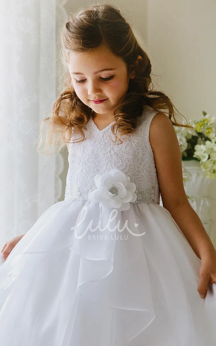Tiered Lace & Organza Tea-Length Flower Girl Dress Embroidered