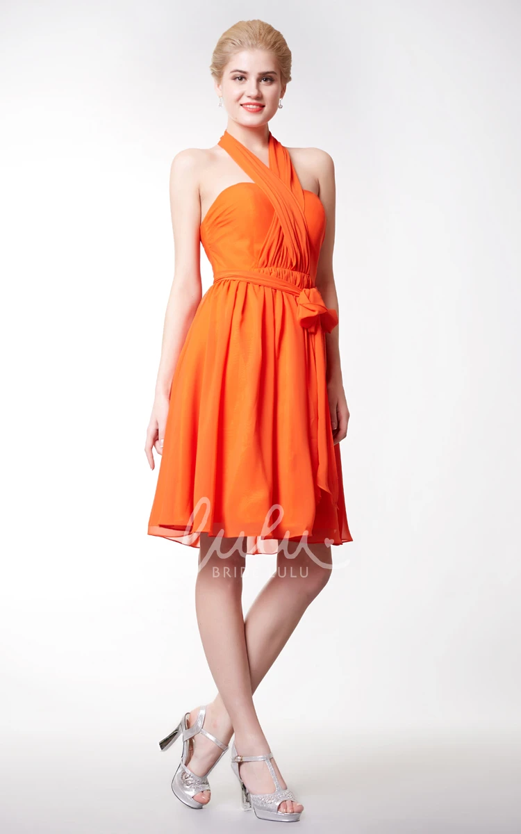 Empire Halter Neck Chiffon Bridesmaid Dress with Bow Sexy & Short