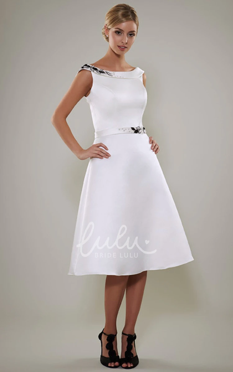 Cap Sleeve Tea-Length A-Line Satin Wedding Dress with Beaded Bateau Neck