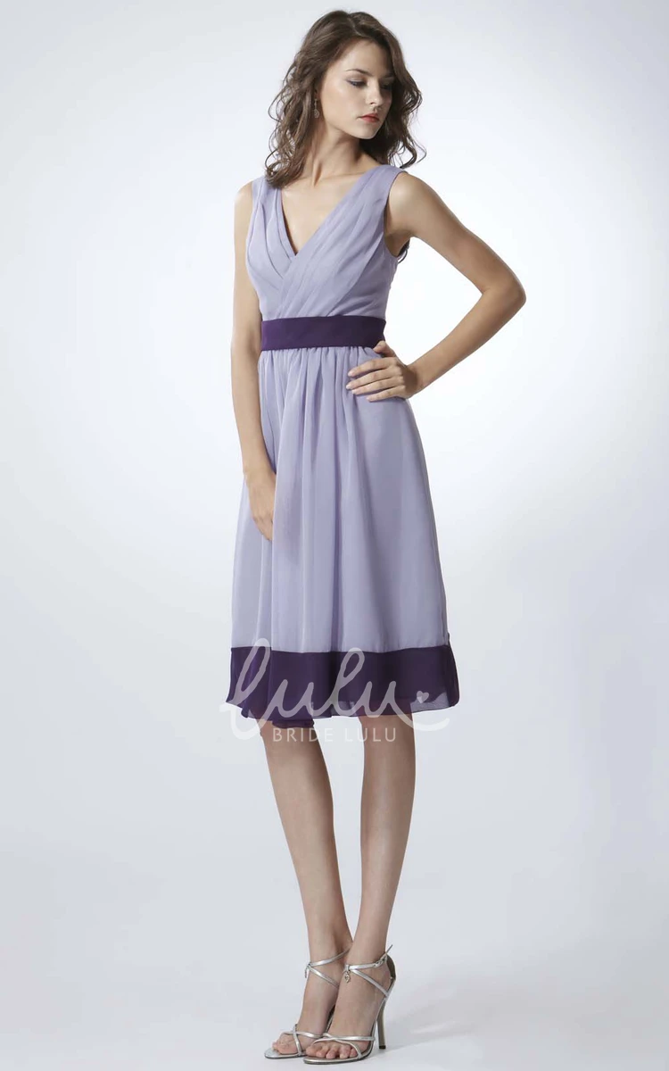 V-Neck Ruched Sleeveless Chiffon Bridesmaid Dress Short Length with V Back