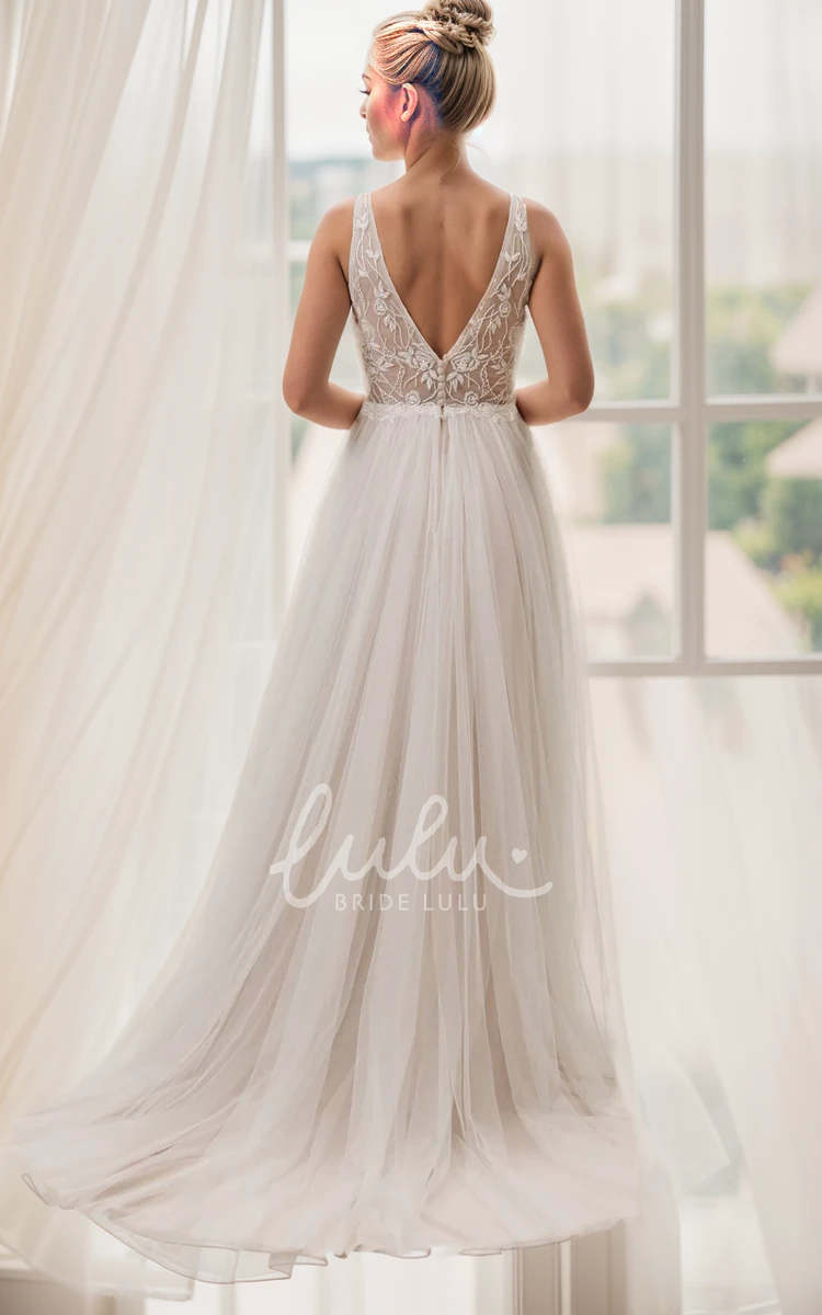 Sexy Beach A-Line Boho V-Neck Lace Elegant Simple Sleeveless Deep-V Back Bridal Gown with Appliques