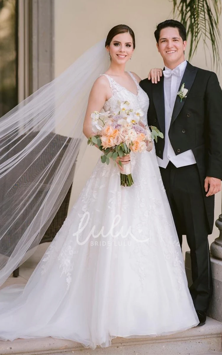 Elegant Tulle Ball Gown V-Neck Wedding Dress with Appliques Classy Bridal Dress