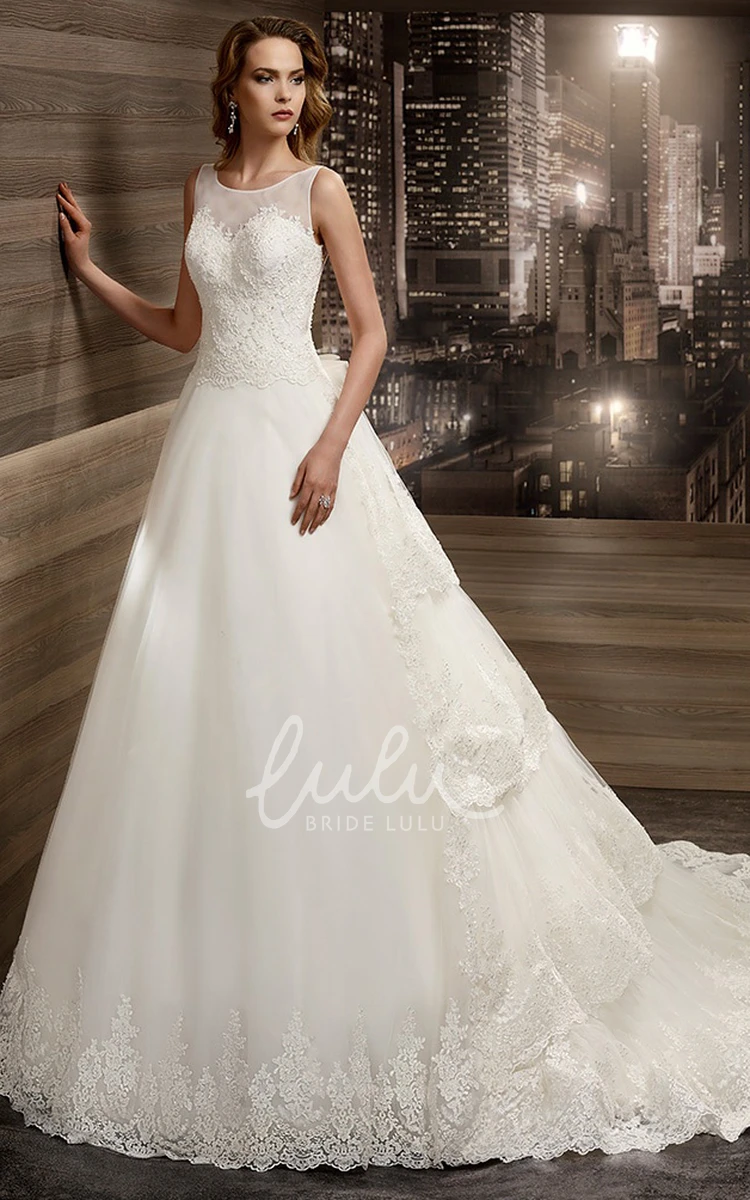 Cap Sleeves Keyhole Back A-Line Wedding Dress Illusion Jewel-Neck Tiers Train