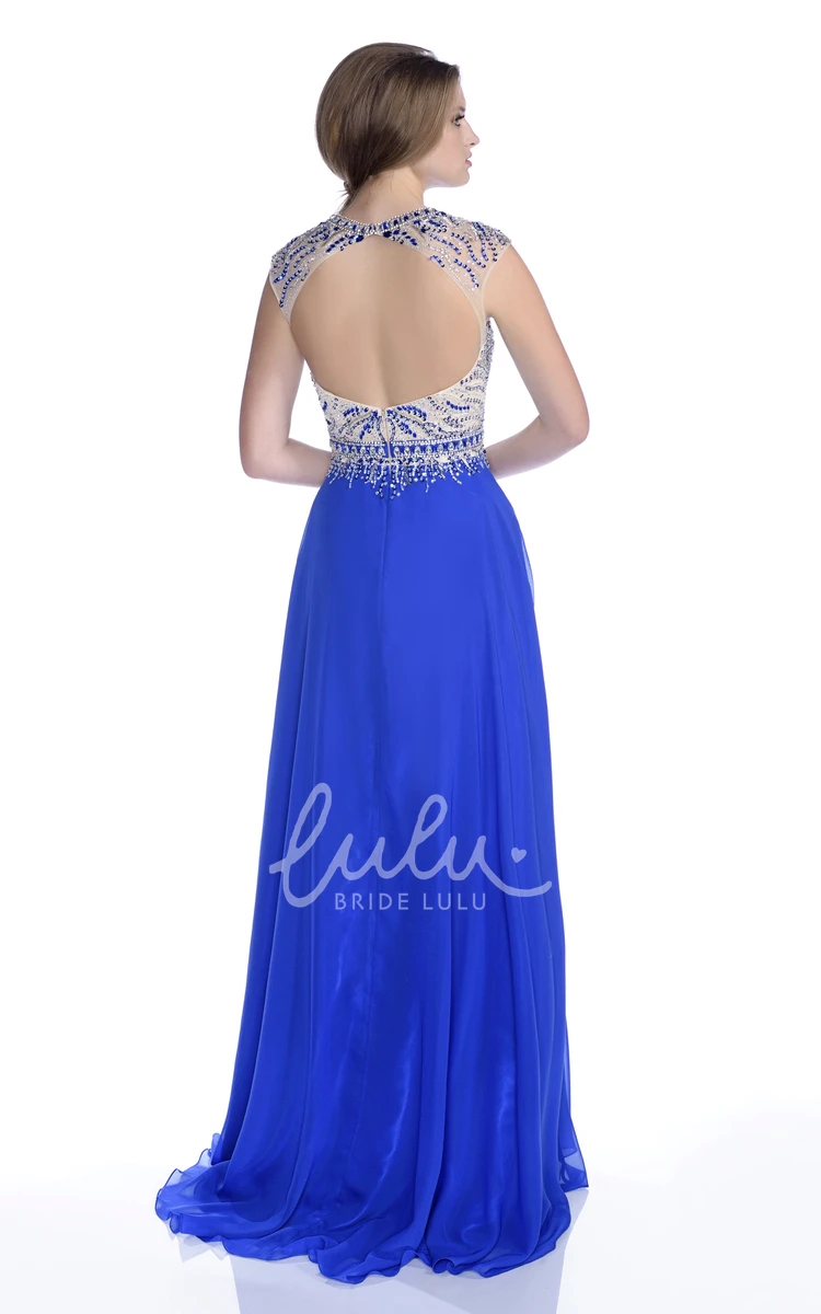 Beaded Cap Sleeve Chiffon Prom Dress with Keyhole Back Elegant Formal Dress