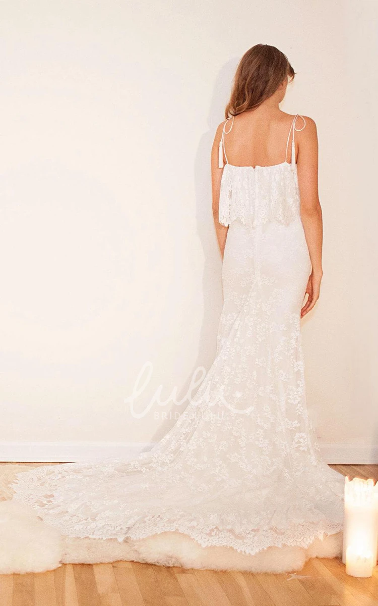 Boho Lace Wedding Dress with Ruffles Off-Shoulder Long Sheath Flowy