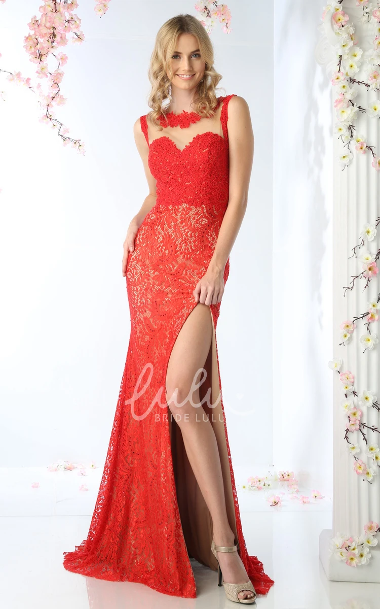 Scoop-Neck Lace Illusion Dress with Appliques and Split Front for a Unique Look