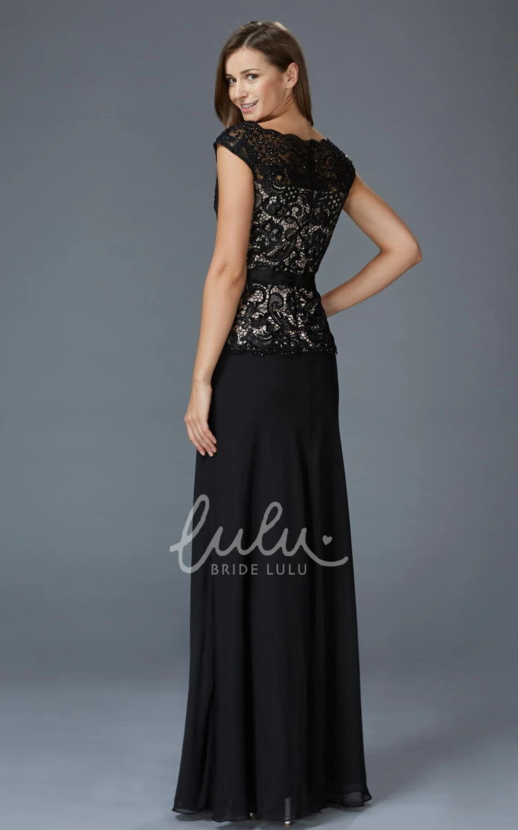 Lace Applique Cap-Sleeve Sheath Formal Dress with Chiffon