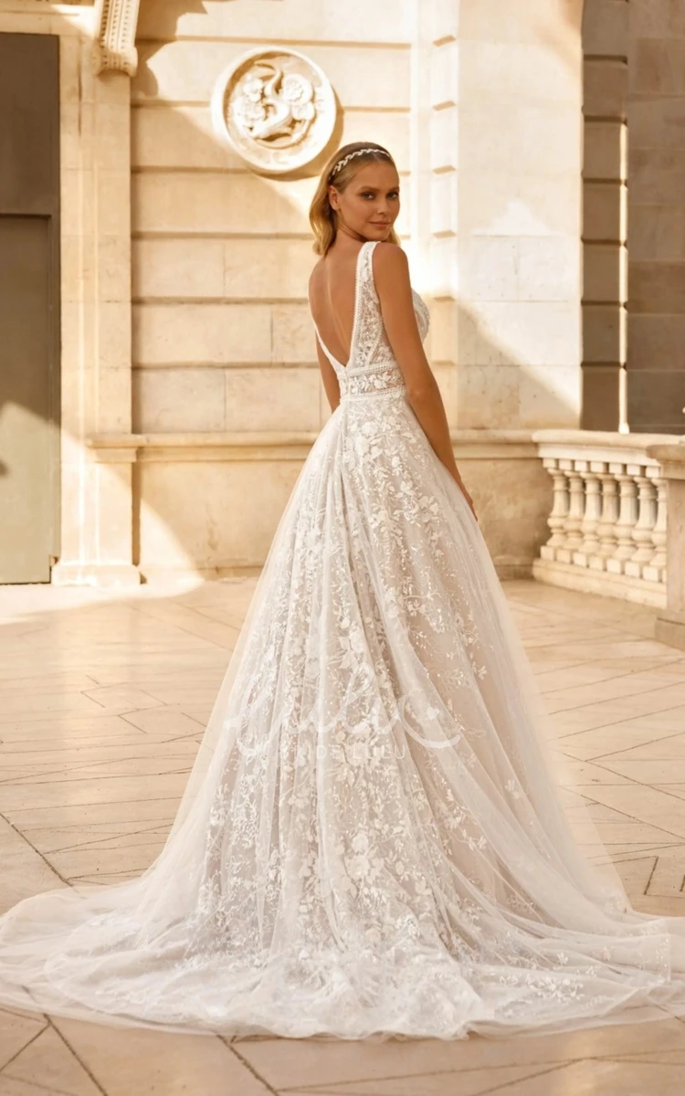 A-Line Deep V-Neck And Deep V-Back Charming Lace Tulle Wedding Dress with Embroidery